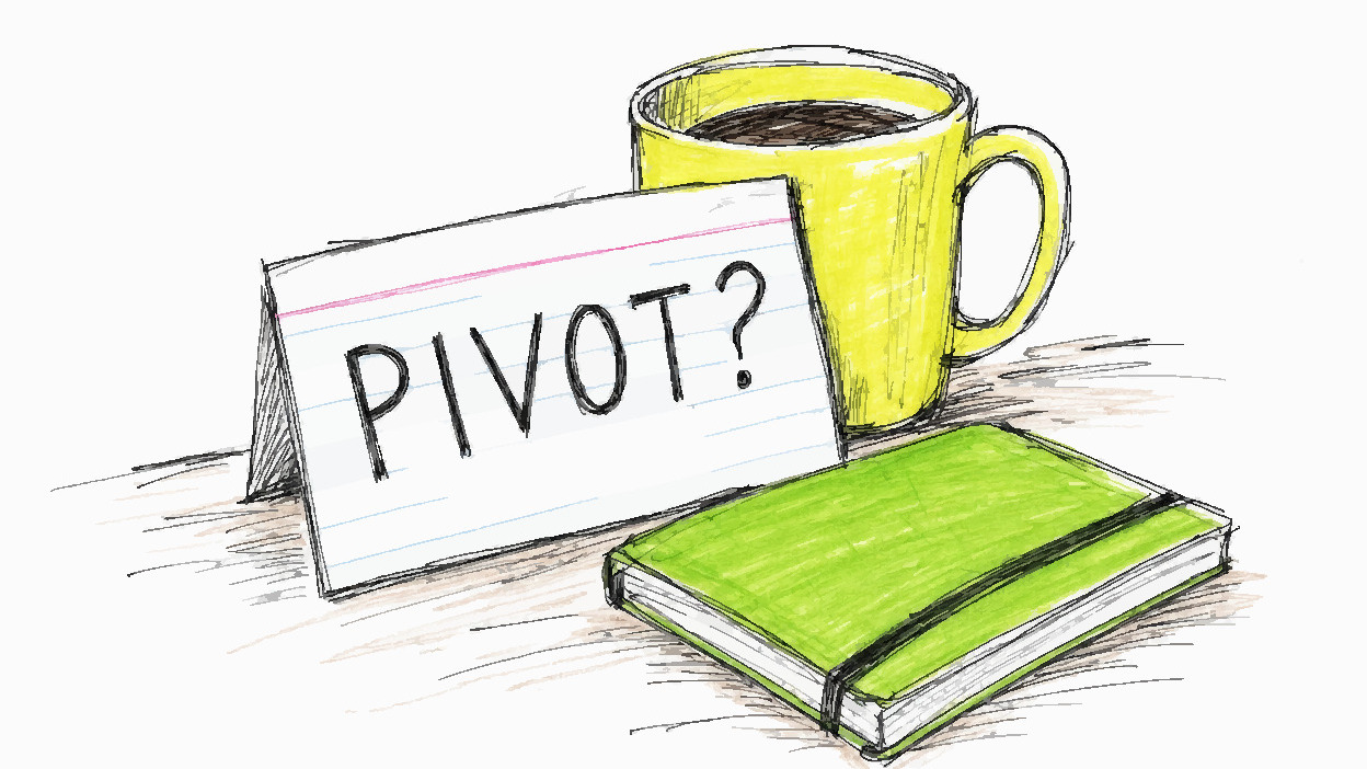 A hand-drawn flash card reading "PIVOT?" propped against a yellow coffee mug on a desk, with a green notebook lying beside it.