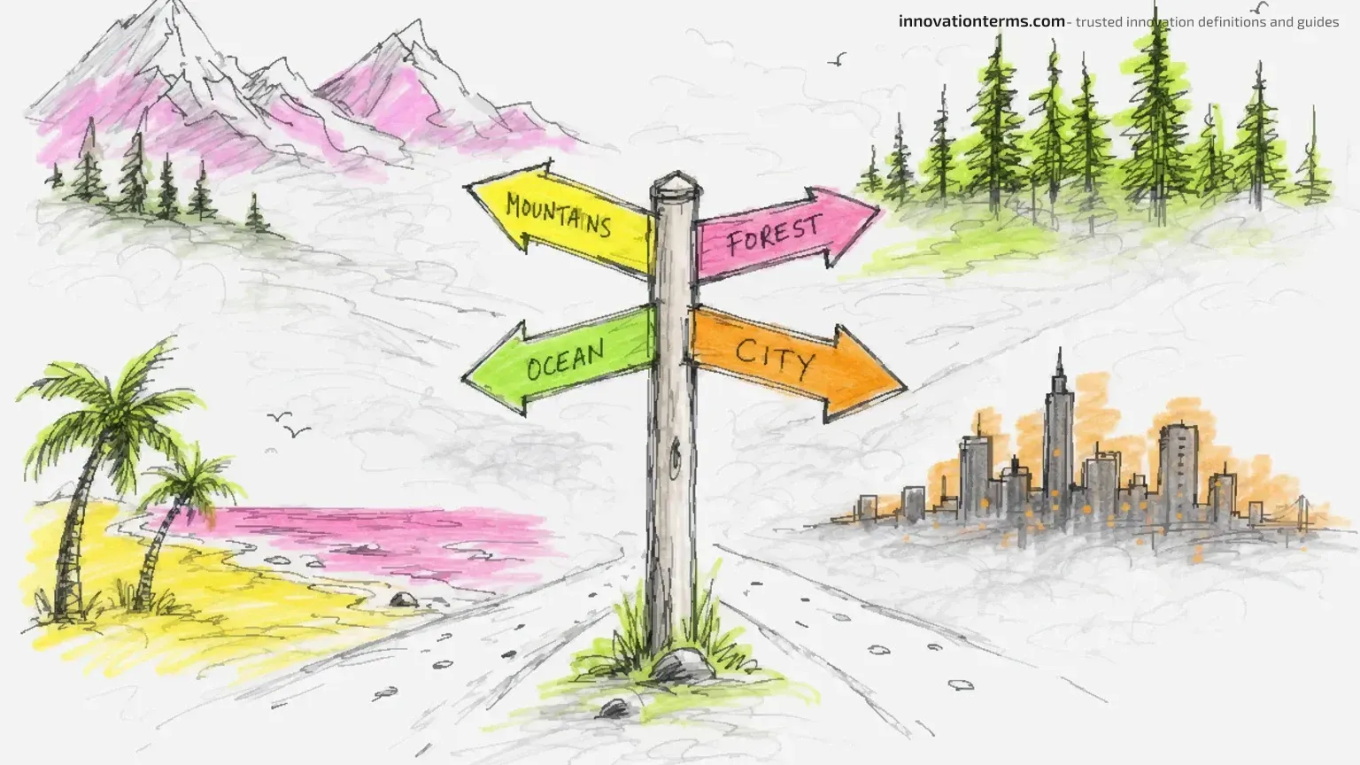 A signpost at a foggy crossroads with four arrows pointing into four different landscapes.