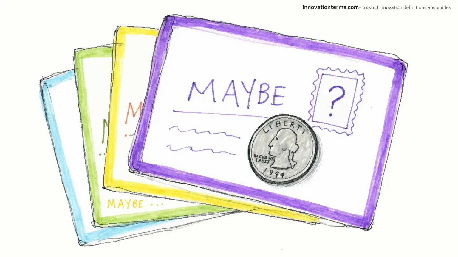 A stack of faint maybe-cards behind one stamped card pinned down by a coin.