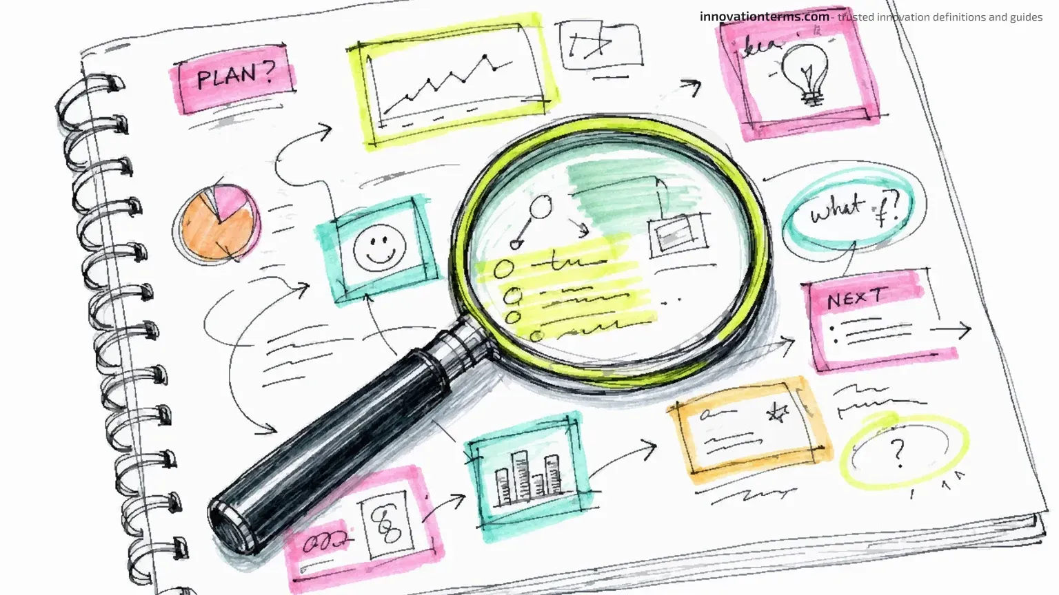 A magnifying glass resting on a notebook page full of rough sketches and looping arrows.