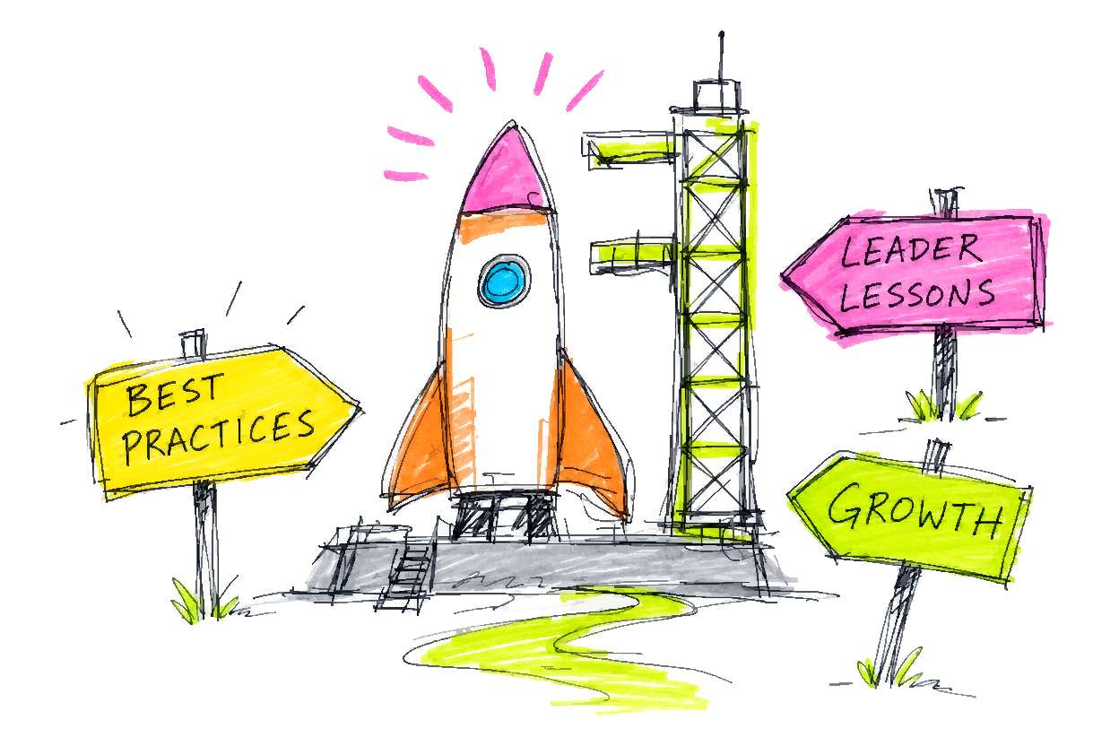 A rocket on a launch pad surrounded by signposts reading best practices, leader lessons, and growth